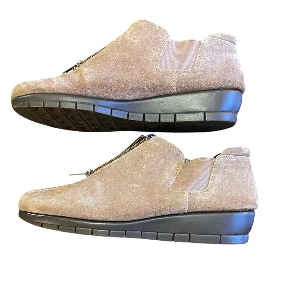Aerosoles Stitch N Turn Tan Leather Suede Wedge Booties Front‎ Zip Up Size 8